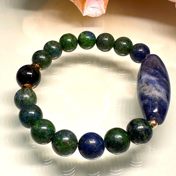 LAPIS LAZULI CHRYSOCOLLA + SODALITE + OBSIDIAN NATURAL BRACELET size 7” - Picture 3 of 13